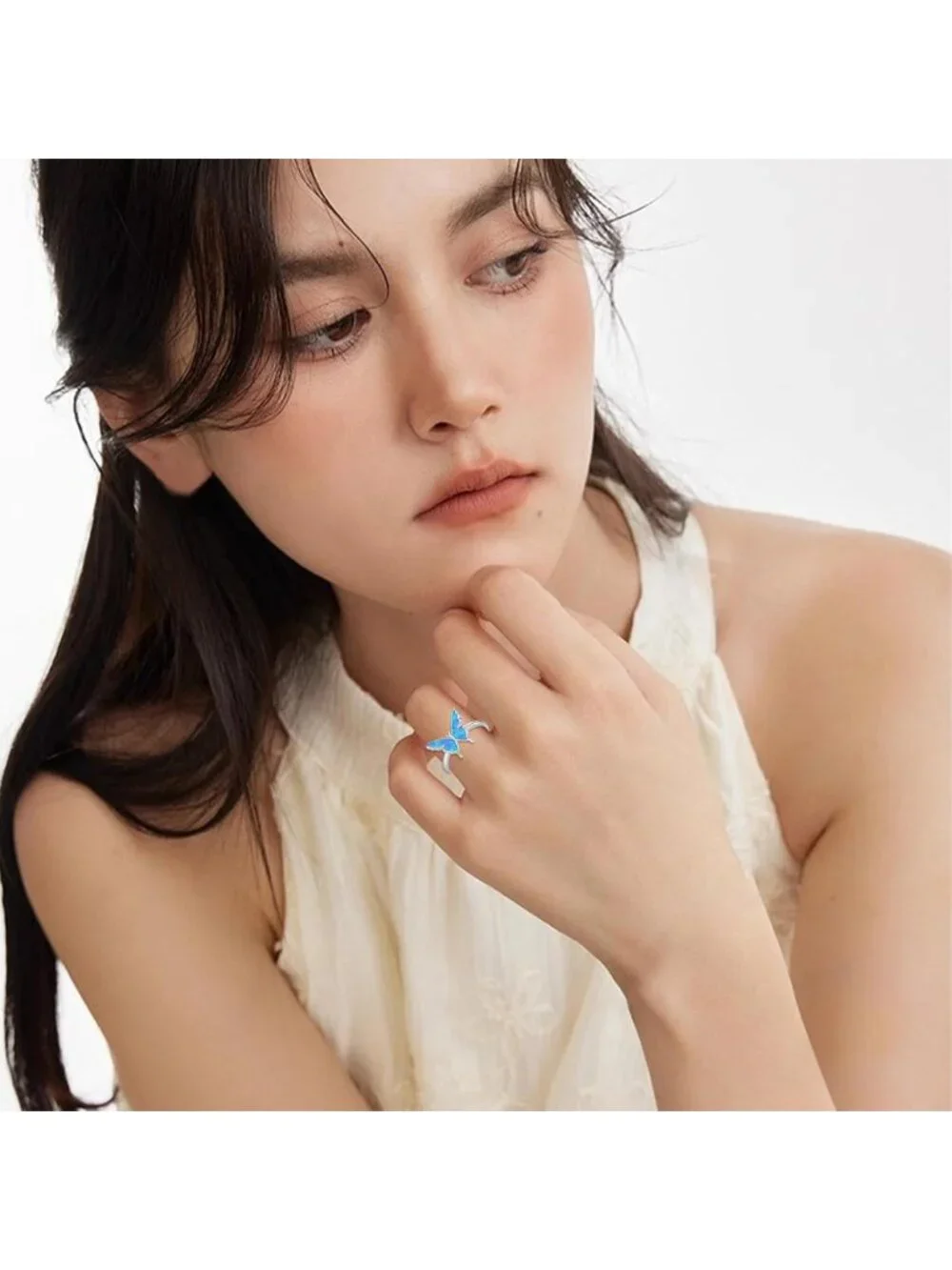 Sterling Silver Opal Butterfly Adjustable Ring - Cute Jewelry for Women’s Gifts